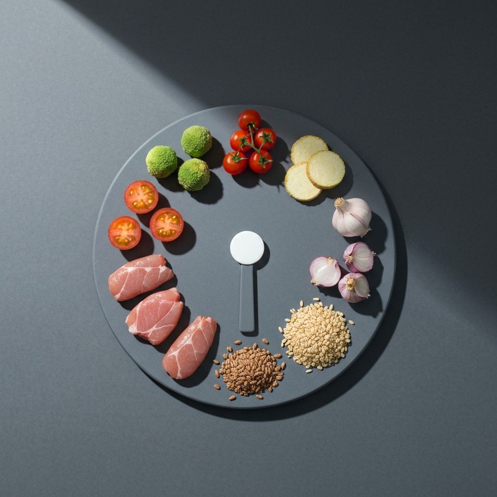 Balanced scale with diverse foods